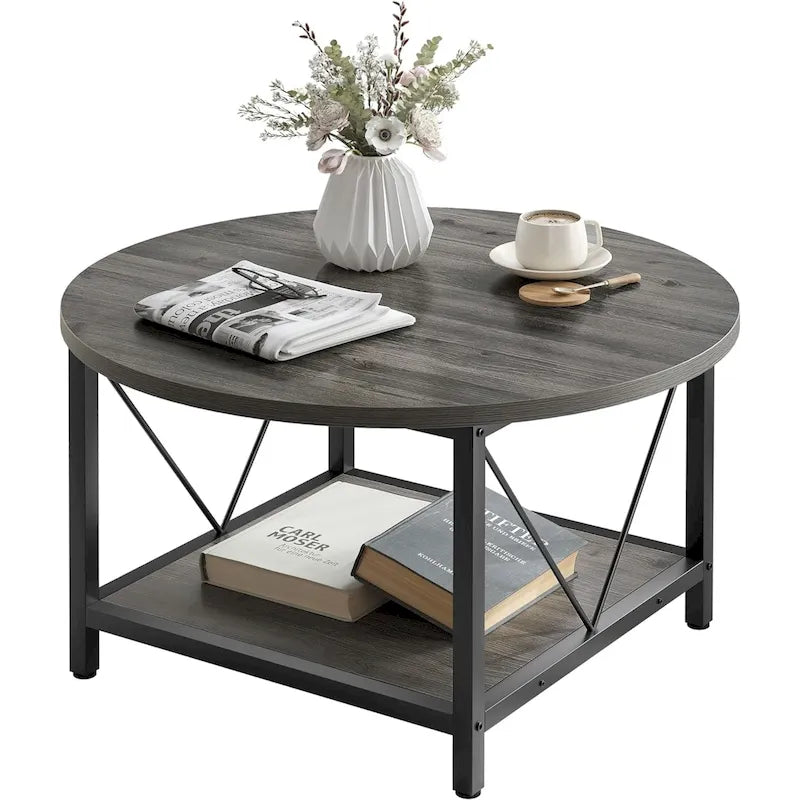 Table basse ronde à 2 niveaux avec étagère – Gris / Marron / Noir / Blanc / Bois