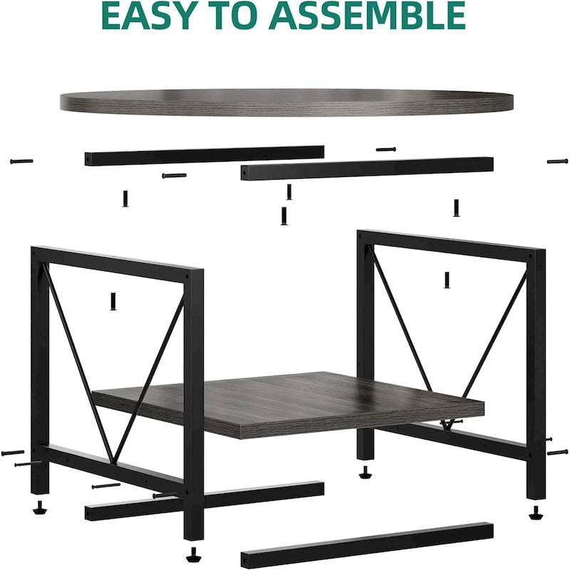 Table basse ronde à 2 niveaux avec étagère – Gris / Marron / Noir / Blanc / Bois