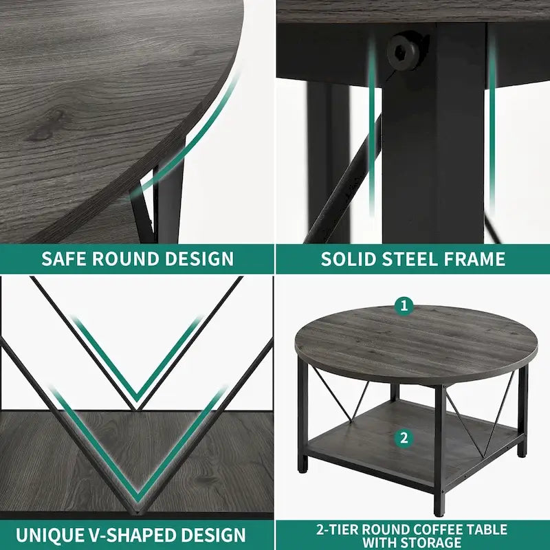 Table basse ronde à 2 niveaux avec étagère – Gris / Marron / Noir / Blanc / Bois