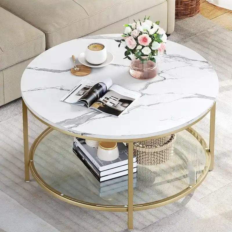 Table basse ronde à 2 niveaux avec étagère – Gris / Marron / Noir / Blanc / Bois