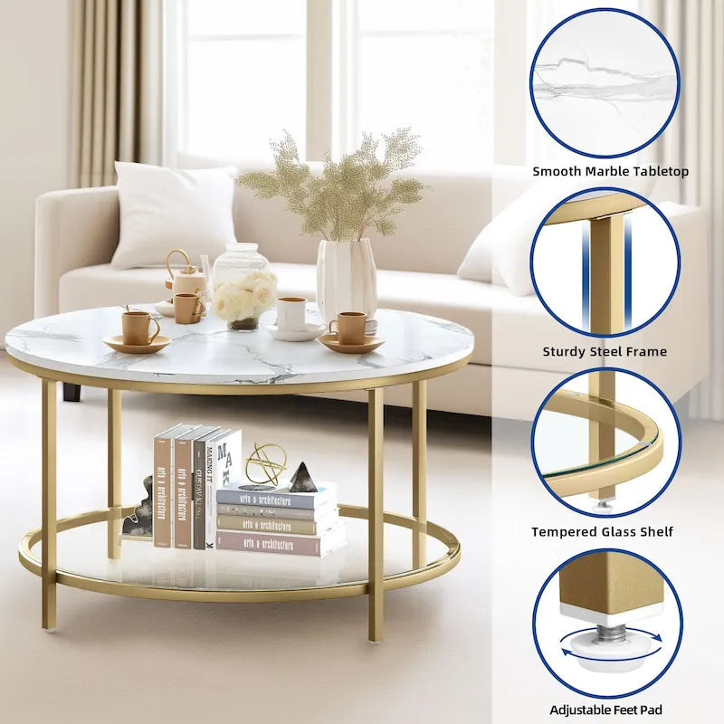 Table basse ronde à 2 niveaux avec étagère – Gris / Marron / Noir / Blanc / Bois