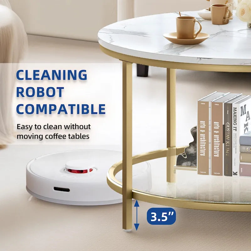 Table basse ronde à 2 niveaux avec étagère – Gris / Marron / Noir / Blanc / Bois