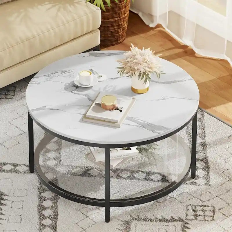 Table basse ronde à 2 niveaux avec étagère – Gris / Marron / Noir / Blanc / Bois