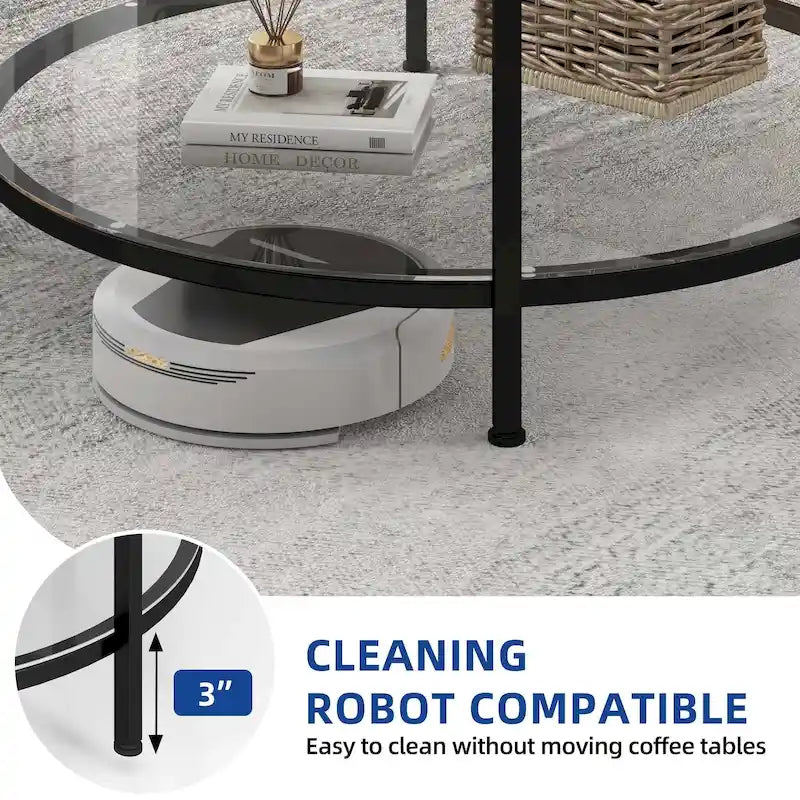 Table basse ronde à 2 niveaux avec étagère – Gris / Marron / Noir / Blanc / Bois