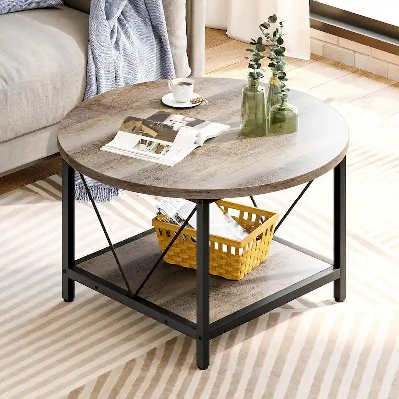 Table basse ronde à 2 niveaux avec étagère – Gris / Marron / Noir / Blanc / Bois