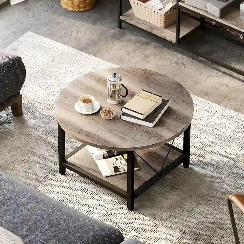 Table basse ronde à 2 niveaux avec étagère – Gris / Marron / Noir / Blanc / Bois