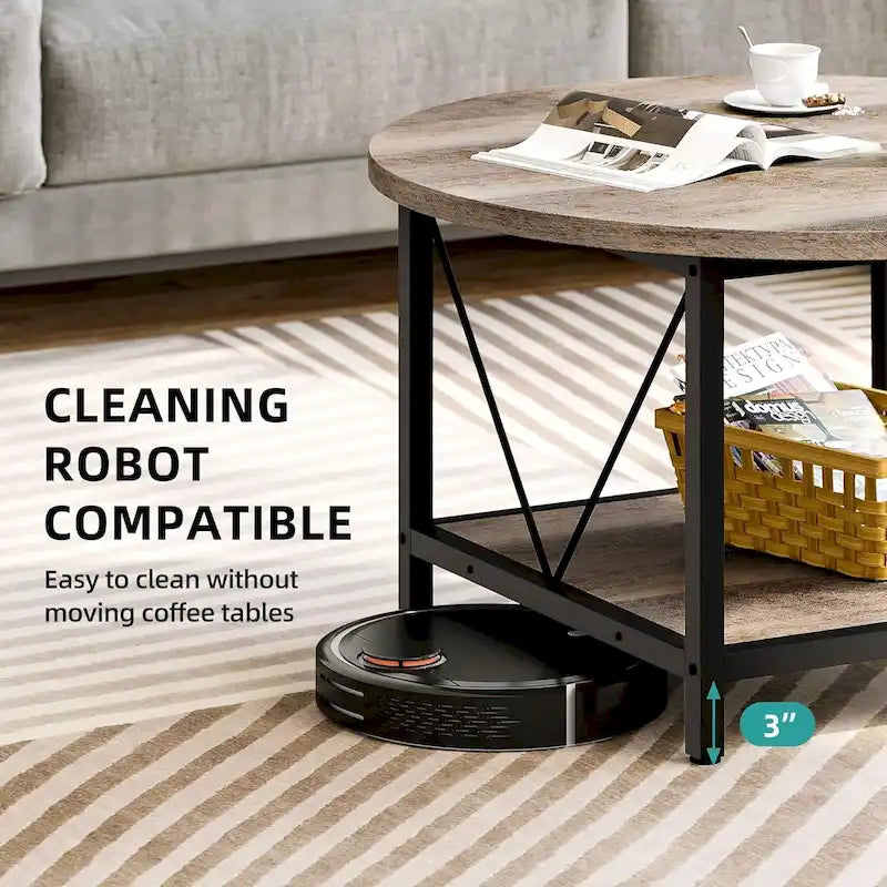 Table basse ronde à 2 niveaux avec étagère – Gris / Marron / Noir / Blanc / Bois