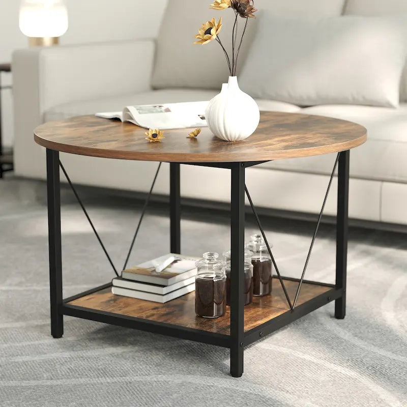 Table basse ronde à 2 niveaux avec étagère – Gris / Marron / Noir / Blanc / Bois