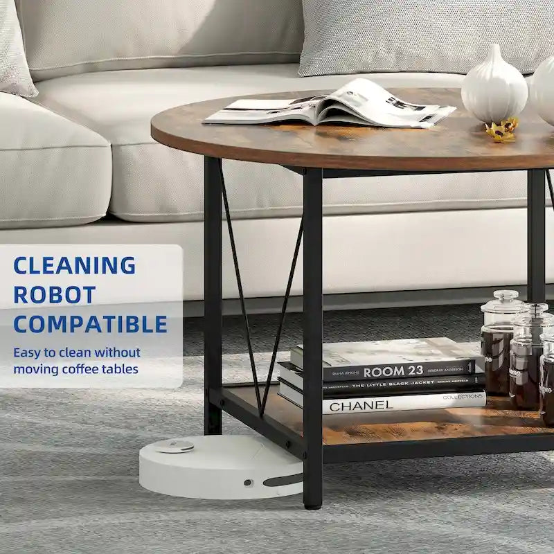 Table basse ronde à 2 niveaux avec étagère – Gris / Marron / Noir / Blanc / Bois