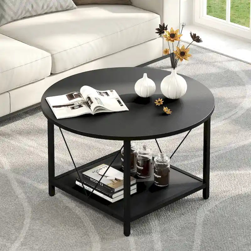 Table basse ronde à 2 niveaux avec étagère – Gris / Marron / Noir / Blanc / Bois
