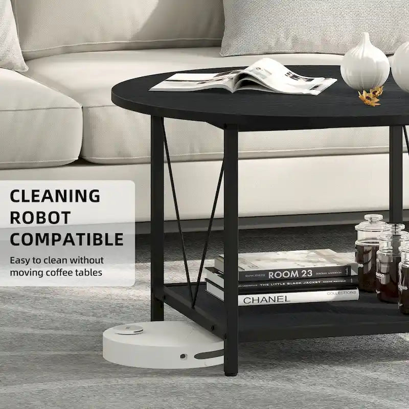 Table basse ronde à 2 niveaux avec étagère – Gris / Marron / Noir / Blanc / Bois