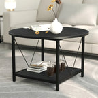 Table basse ronde à 2 niveaux avec étagère – Gris / Marron / Noir / Blanc / Bois