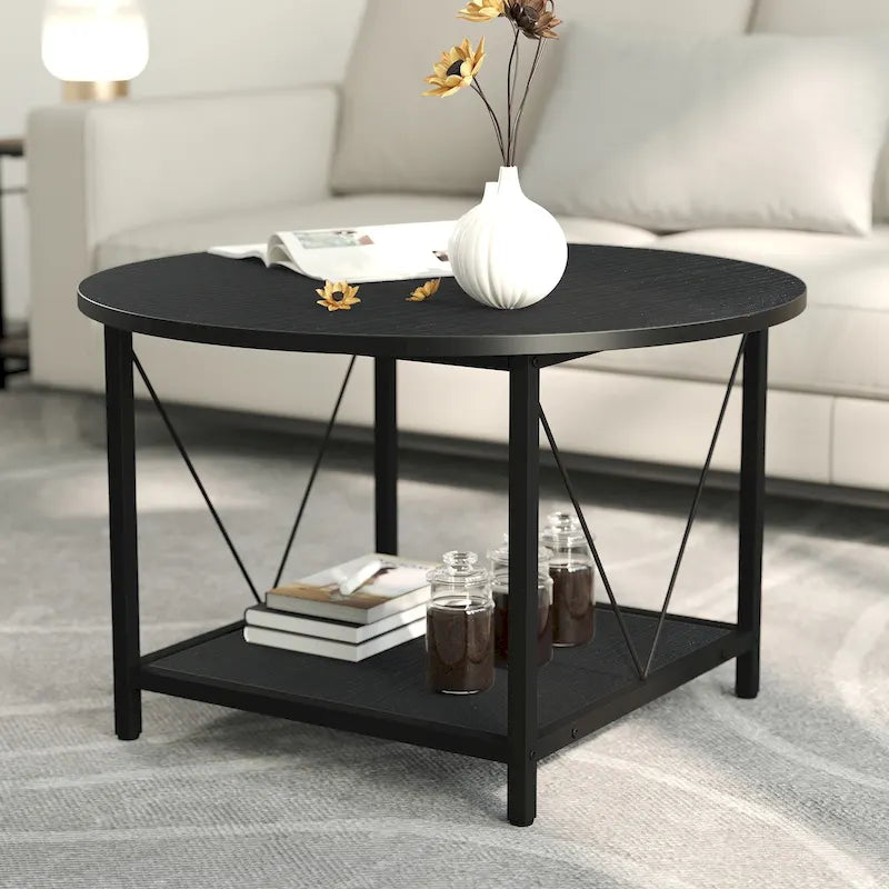 Table basse ronde à 2 niveaux avec étagère – Gris / Marron / Noir / Blanc / Bois