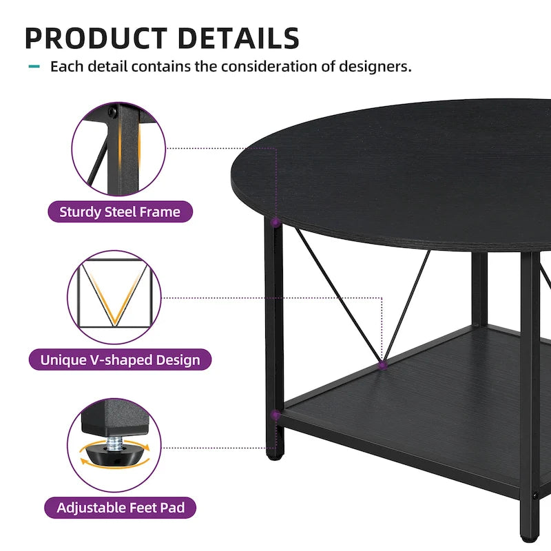 Table basse ronde à 2 niveaux avec étagère – Gris / Marron / Noir / Blanc / Bois