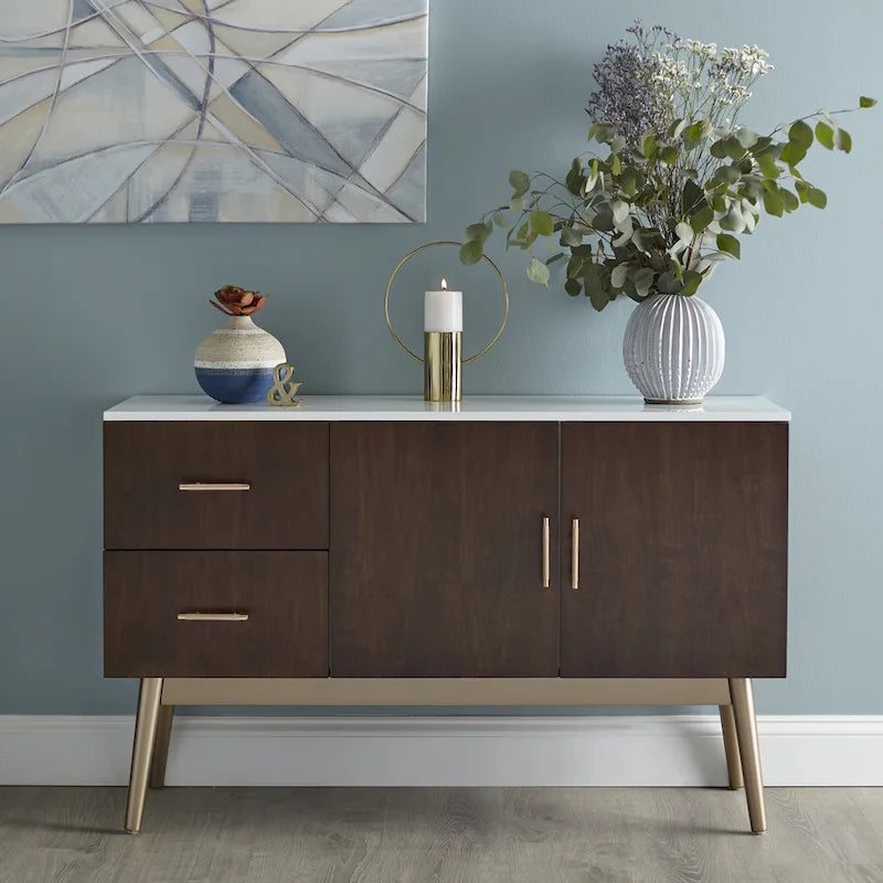Enfilade Mid-Century moderne avec accents dorés et deux tiroirs de rangement