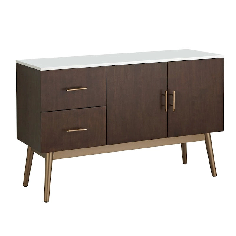Enfilade Mid-Century moderne avec accents dorés et deux tiroirs de rangement
