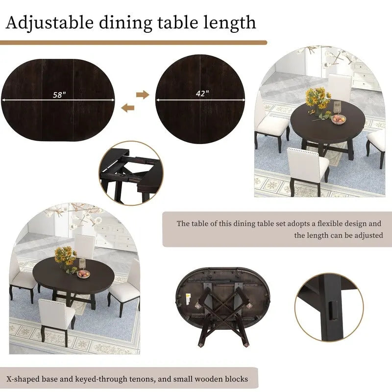 Table de salle à manger ronde et extensible de style ferme en bois avec 16 rallonges