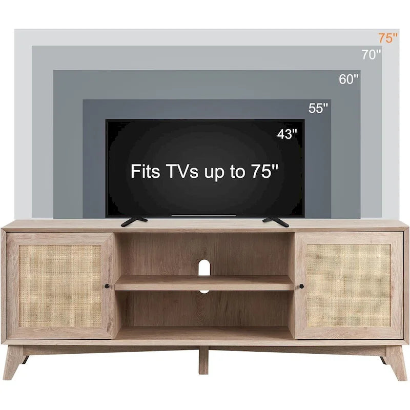 Meuble TV en rotin style Mid-Century avec portes et rangement ouvert