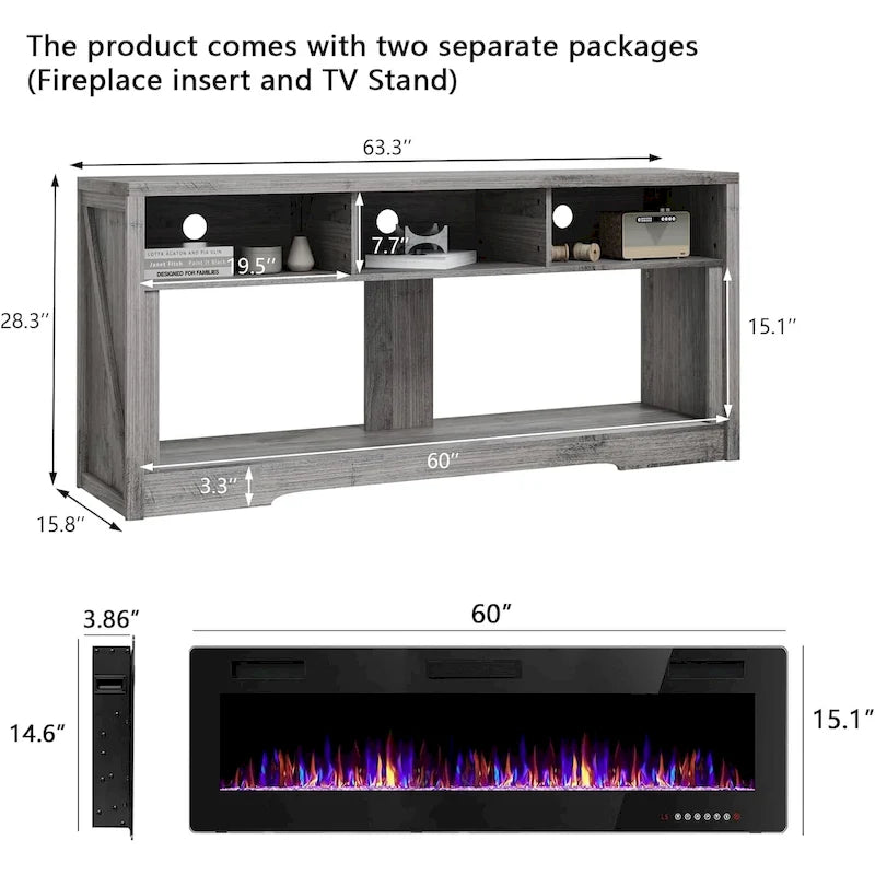 Meuble TV cheminée électrique noir/gris avec insert de 60 pouces, convient aux téléviseurs jusqu'à 75 pouces