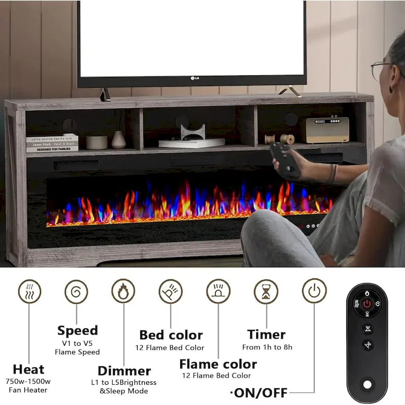 Meuble TV cheminée électrique noir/gris avec insert de 60 pouces, convient aux téléviseurs jusqu'à 75 pouces