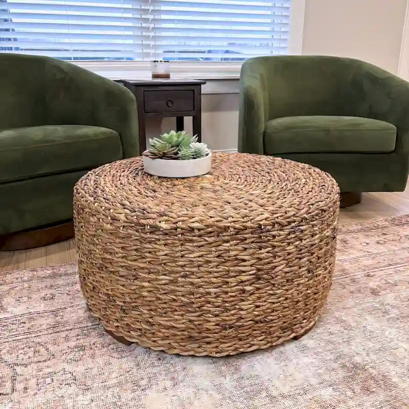 Table basse ronde tambour en abaca tressé naturel et marron