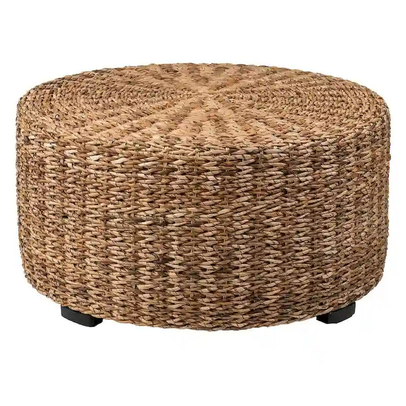 Table basse ronde tambour en abaca tressé naturel et marron