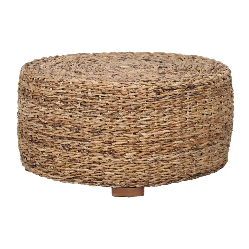 Table basse ronde tambour en abaca tressé naturel et marron