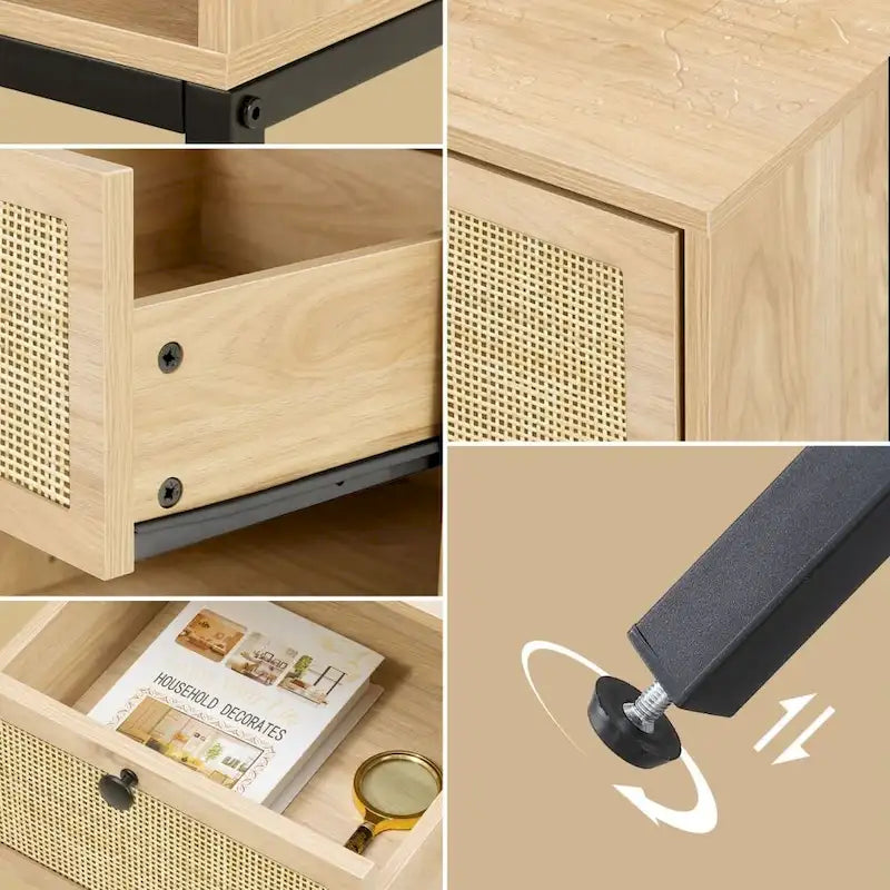 Table de chevet bohème en rotin avec façades de tiroirs texturées et pieds en métal