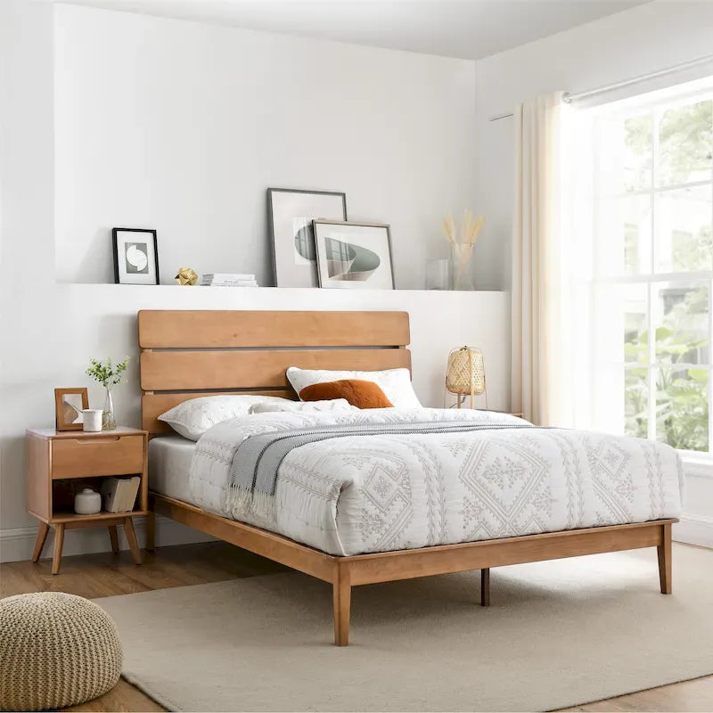 MUSEHOMEINC Low Profile Modern Wooden Platform Bed with Adjustable Height Headboard for Bedroom, Wooden Bed Frame with Headboard