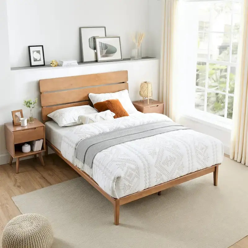 Cadre de lit plateforme bas en cerisier antique avec tête de lit, pour 1 à 2 personnes