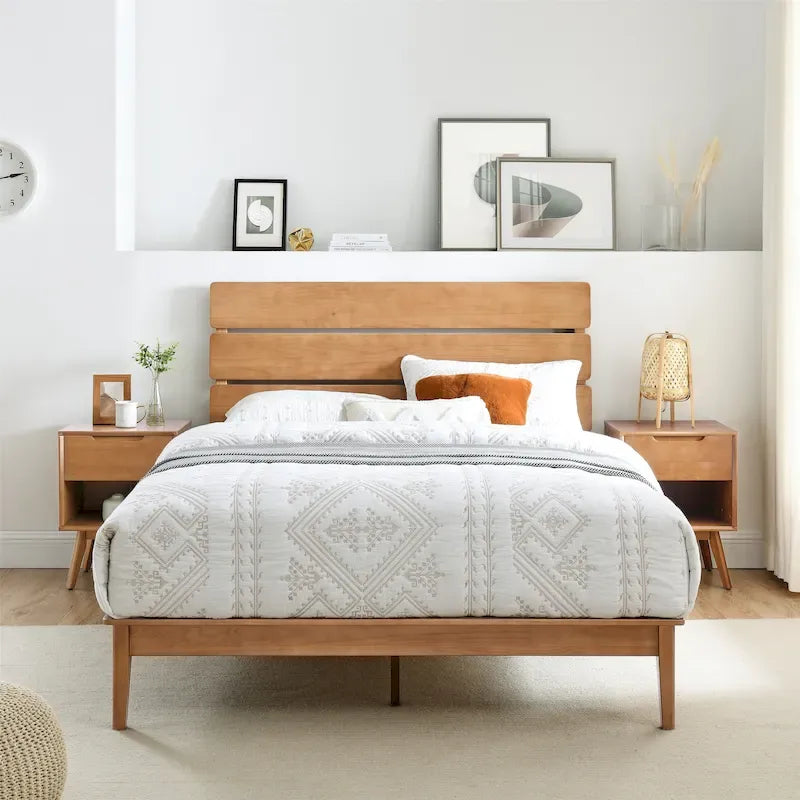 Cadre de lit plateforme bas en cerisier antique avec tête de lit, pour 1 à 2 personnes