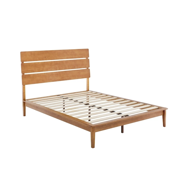 Cadre de lit plateforme bas en cerisier antique avec tête de lit, pour 1 à 2 personnes