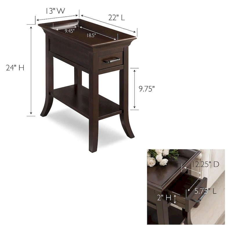 Table d'appoint traditionnelle en bois avec tiroir, étagère et bords évasés