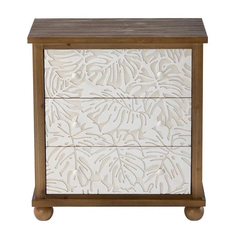 Table de chevet rustique crème et marron à trois tiroirs avec détails de feuilles sculptées