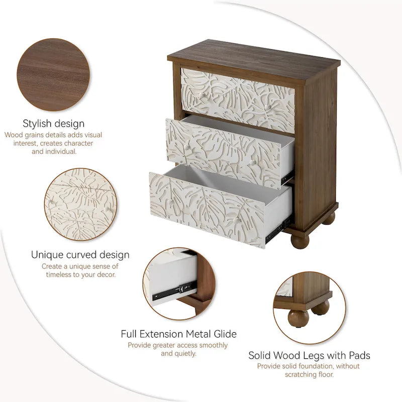 Table de chevet rustique crème et marron à trois tiroirs avec détails de feuilles sculptées