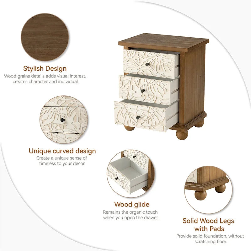 Table de chevet rustique crème et marron à trois tiroirs avec détails de feuilles sculptées
