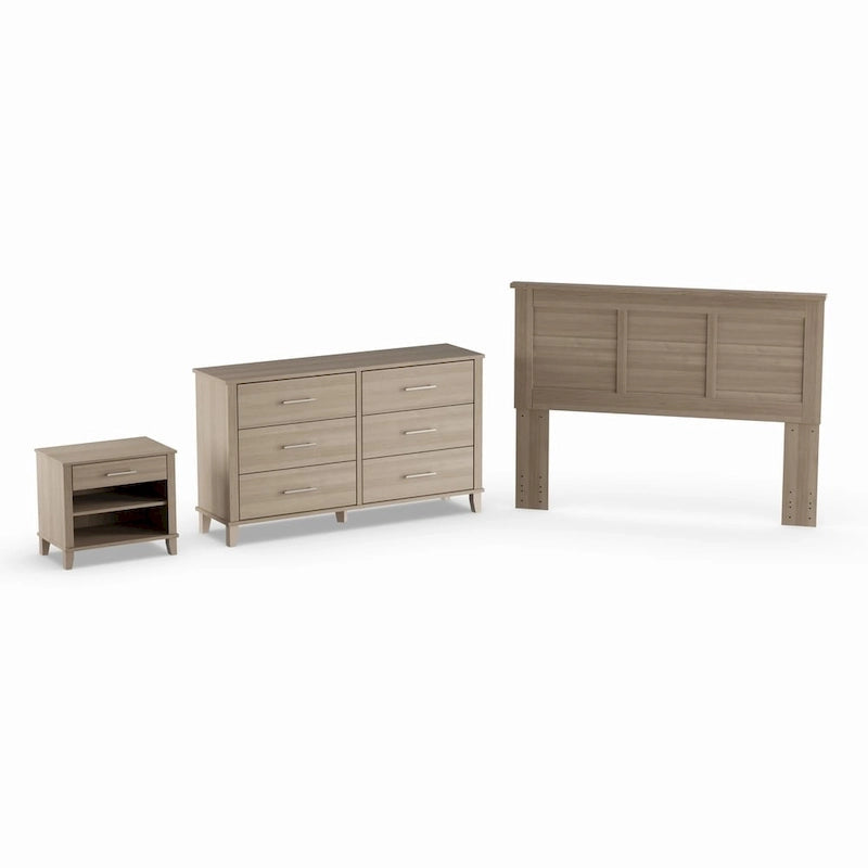 Tête de lit, commode et table de chevet transitionnelles gris cendré | Lit double/Queen | 3 pièces