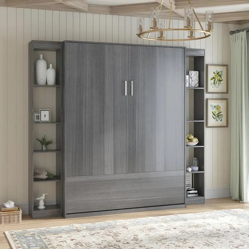 Lit escamotable mural Murphy gris/blanc avec armoire latérale en option, grand lit (Queen), 1 personne