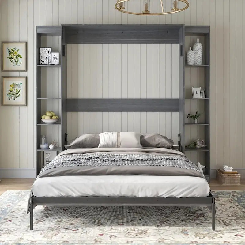 Lit escamotable mural Murphy gris/blanc avec armoire latérale en option, grand lit (Queen), 1 personne