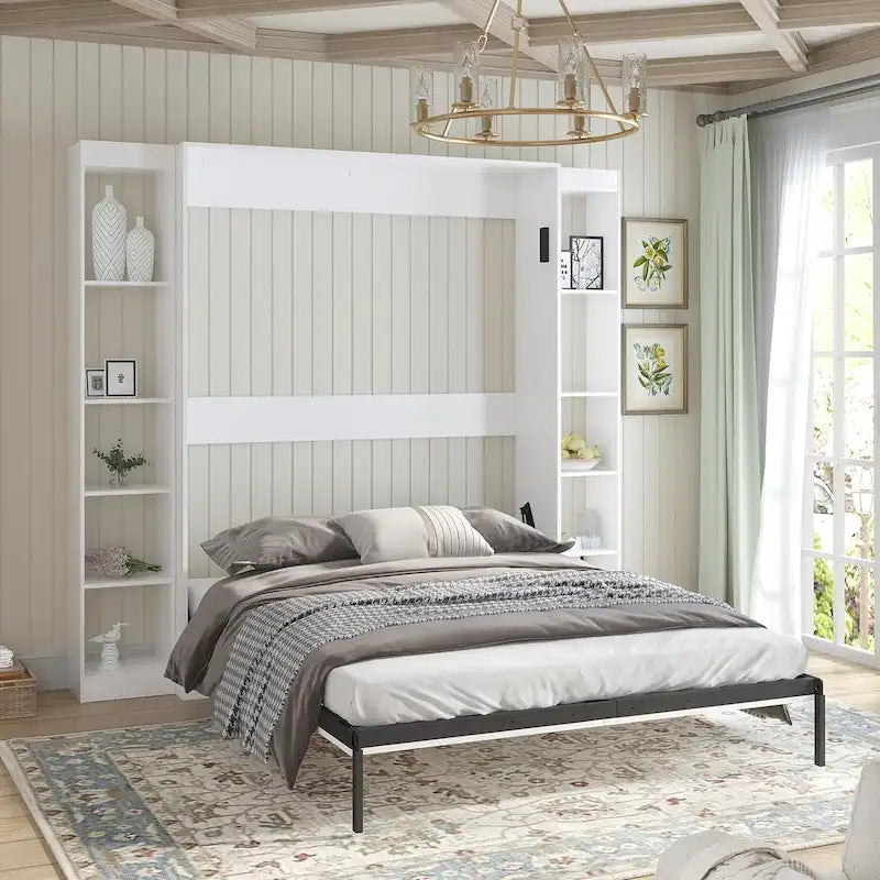 Lit escamotable mural Murphy gris/blanc avec armoire latérale en option, grand lit (Queen), 1 personne