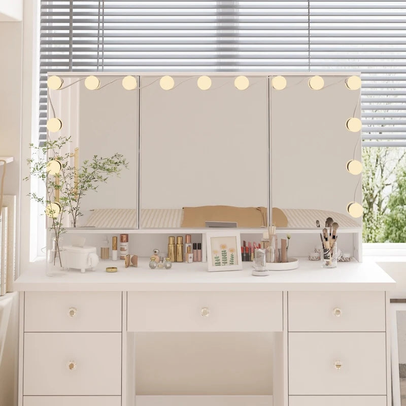 Coiffeuse LED de luxe avec 9 tiroirs, station de maquillage élégante
