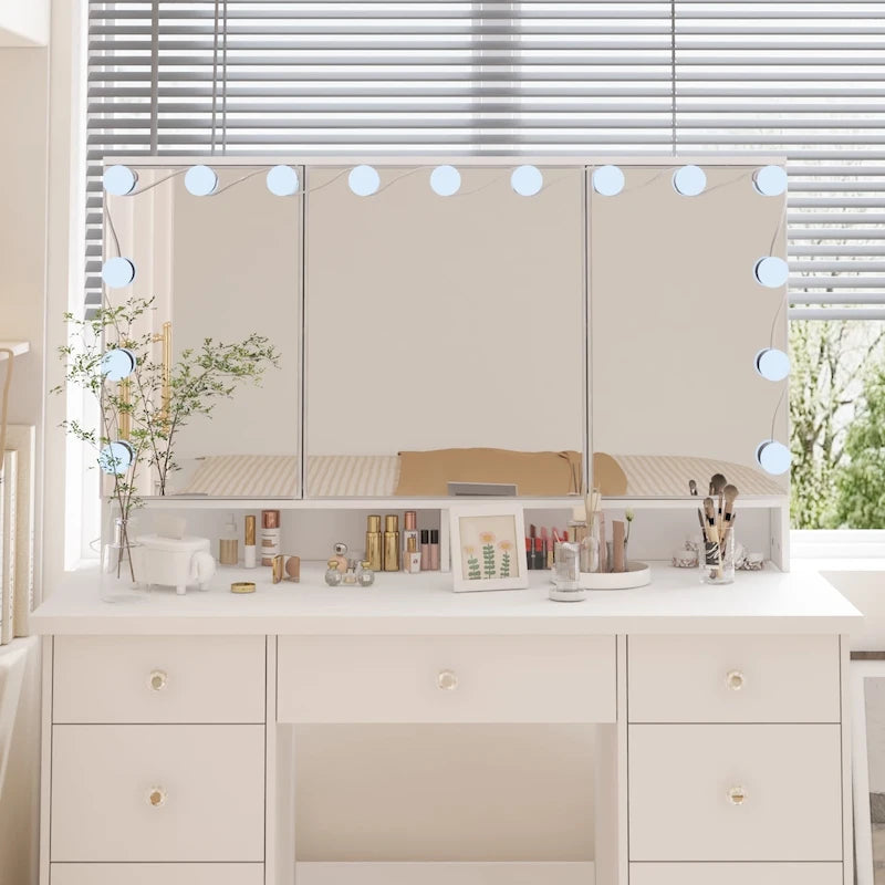 Coiffeuse LED de luxe avec 9 tiroirs, station de maquillage élégante