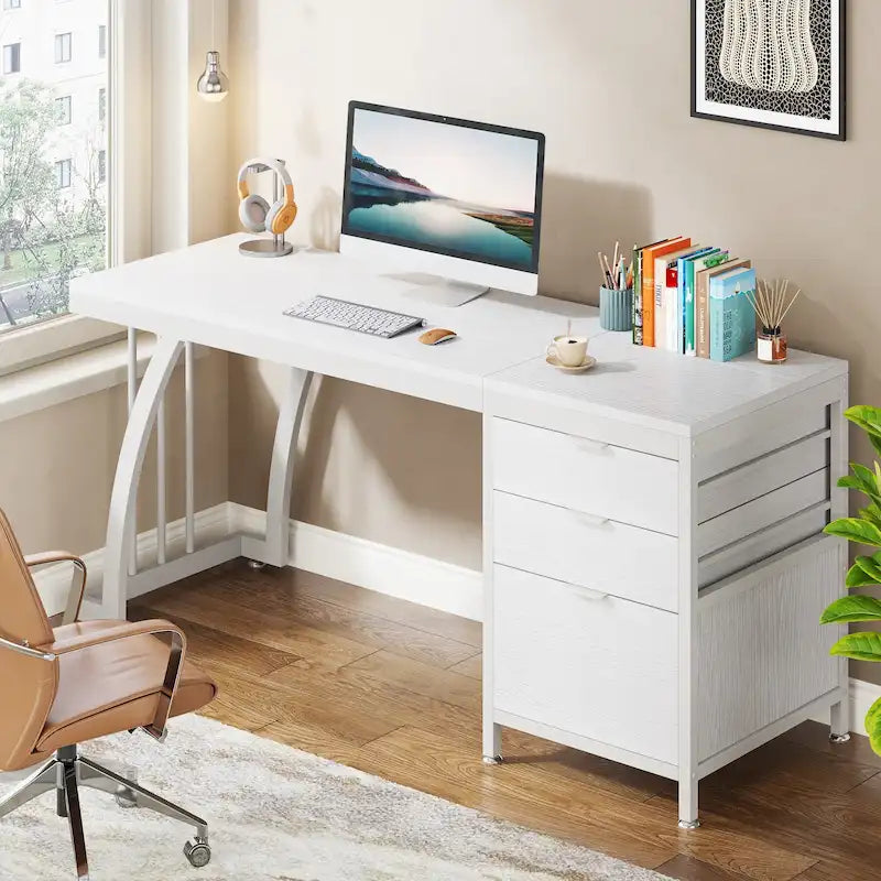 Bureau d'ordinateur industriel en bois avec trois tiroirs et structure en métal