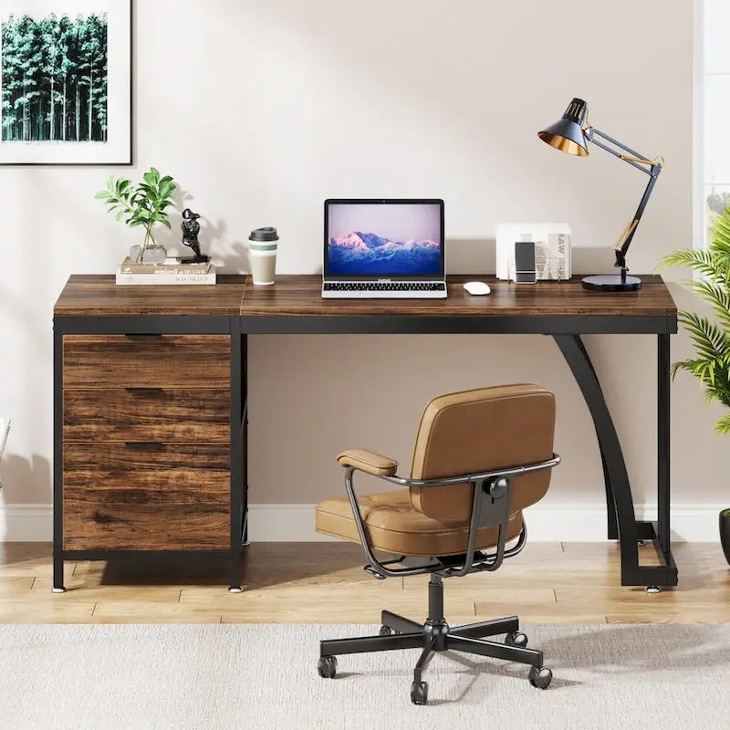 Bureau d'ordinateur industriel en bois avec trois tiroirs et structure en métal