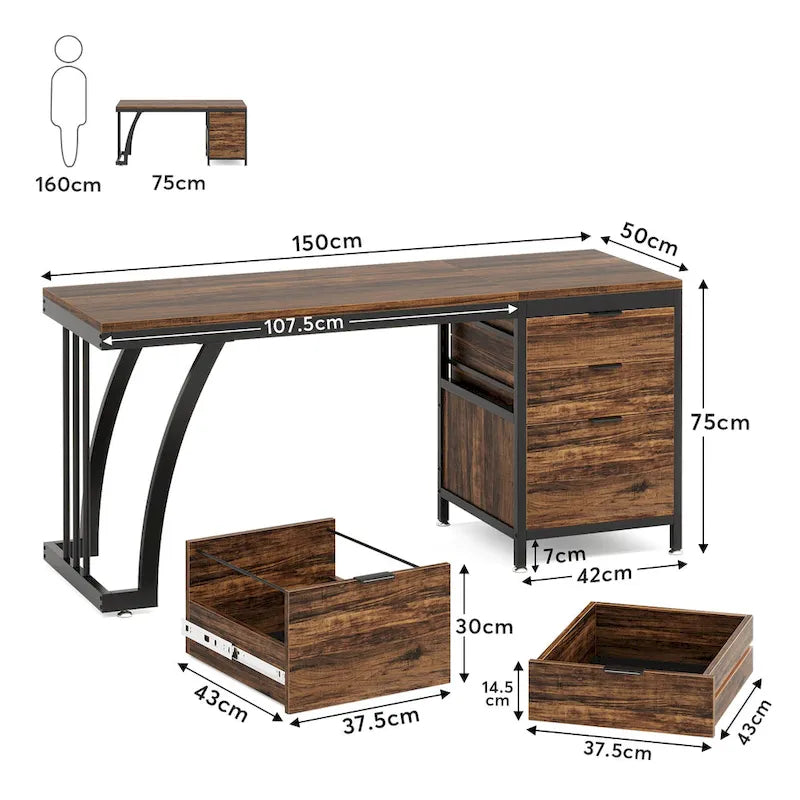 Bureau d'ordinateur industriel en bois avec trois tiroirs et structure en métal