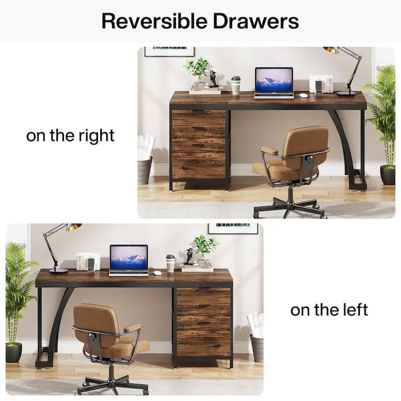 Bureau d'ordinateur industriel en bois avec trois tiroirs et structure en métal