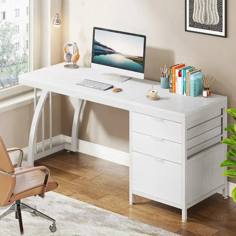Bureau d'ordinateur industriel en bois avec trois tiroirs et structure en métal