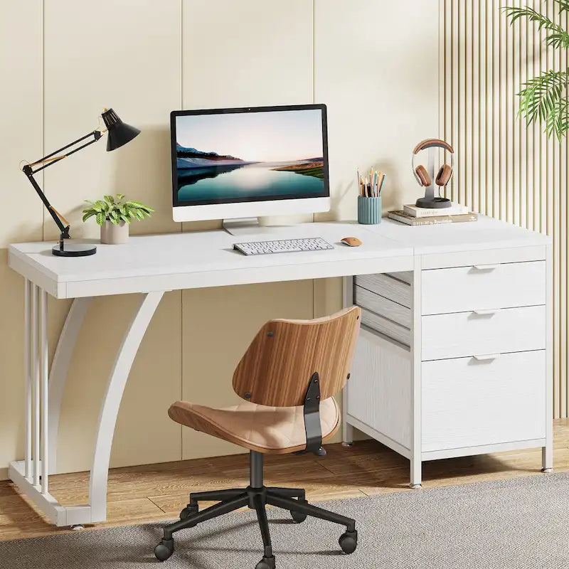 Bureau d'ordinateur industriel en bois avec trois tiroirs et structure en métal