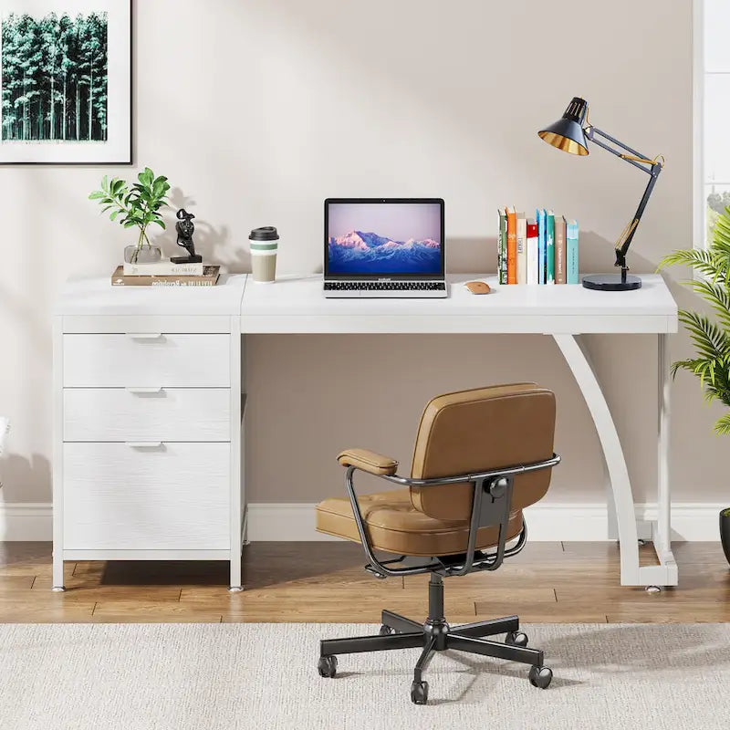 Bureau d'ordinateur industriel en bois avec trois tiroirs et structure en métal