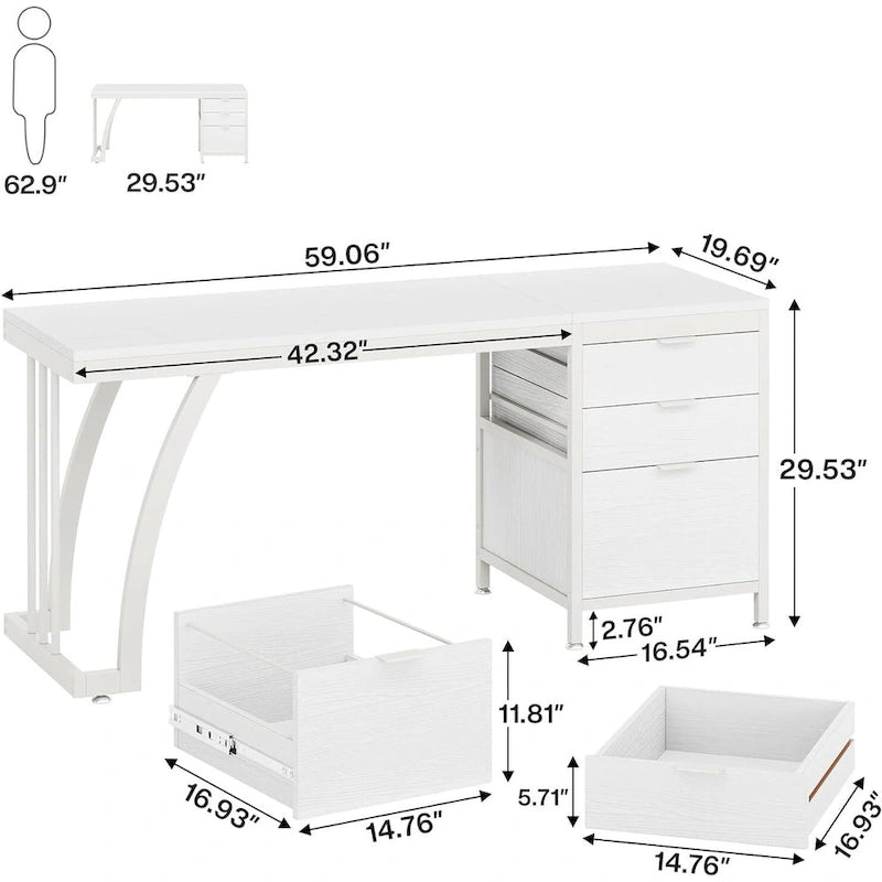 Bureau d'ordinateur industriel en bois avec trois tiroirs et structure en métal